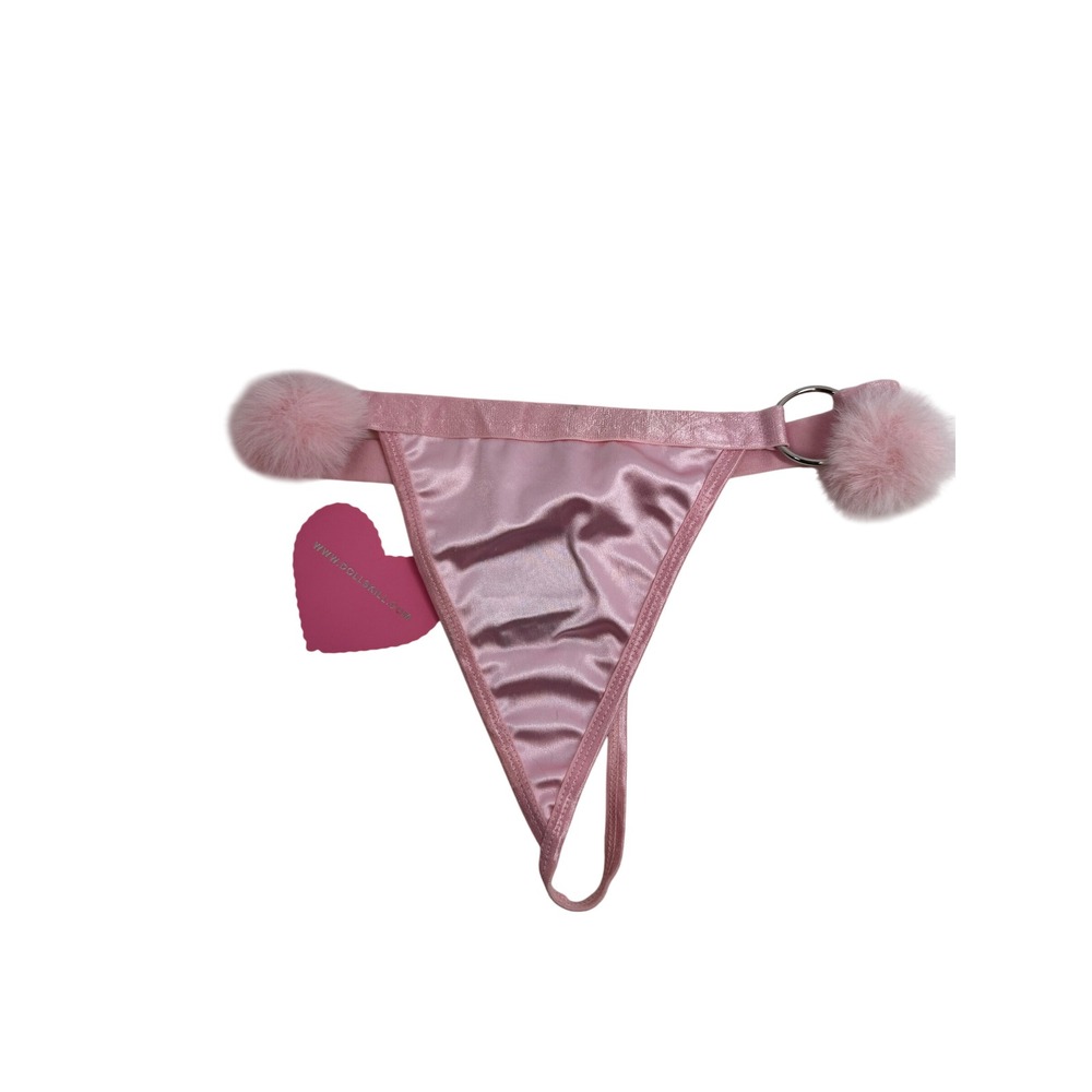 Sugar Thrillz Pink Satin Pom Pom G String Thong Panty Bow Detail Size M